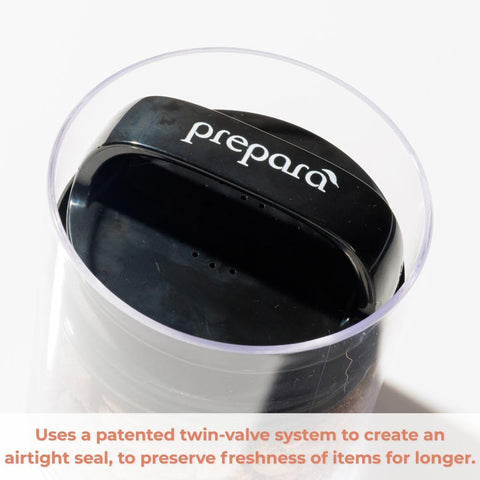 Prepara Evak Fresh Saver spoon attachment keeps dry goods neatly measured.