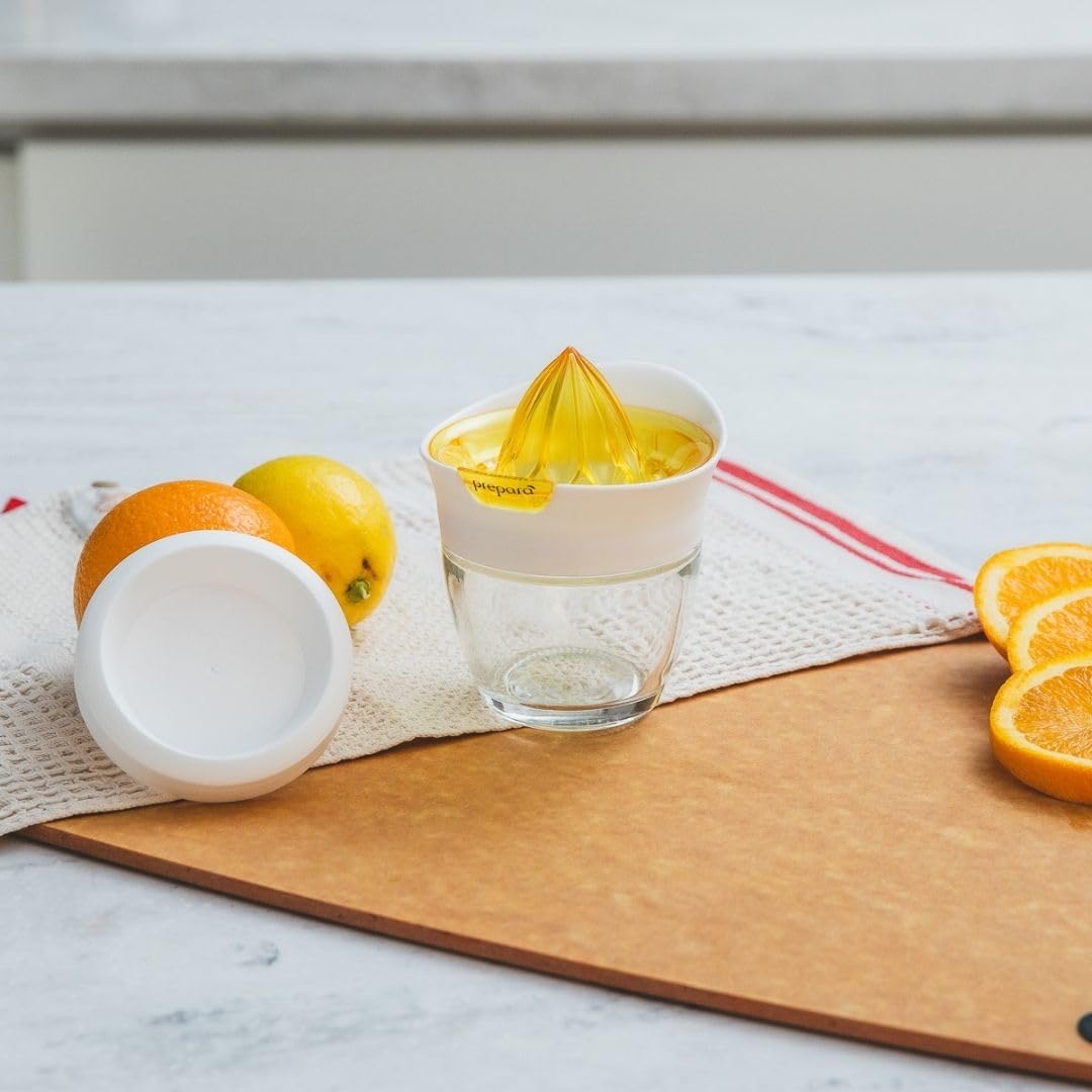 Prepara juicer shows integrated reamer and pour spout for easy serving