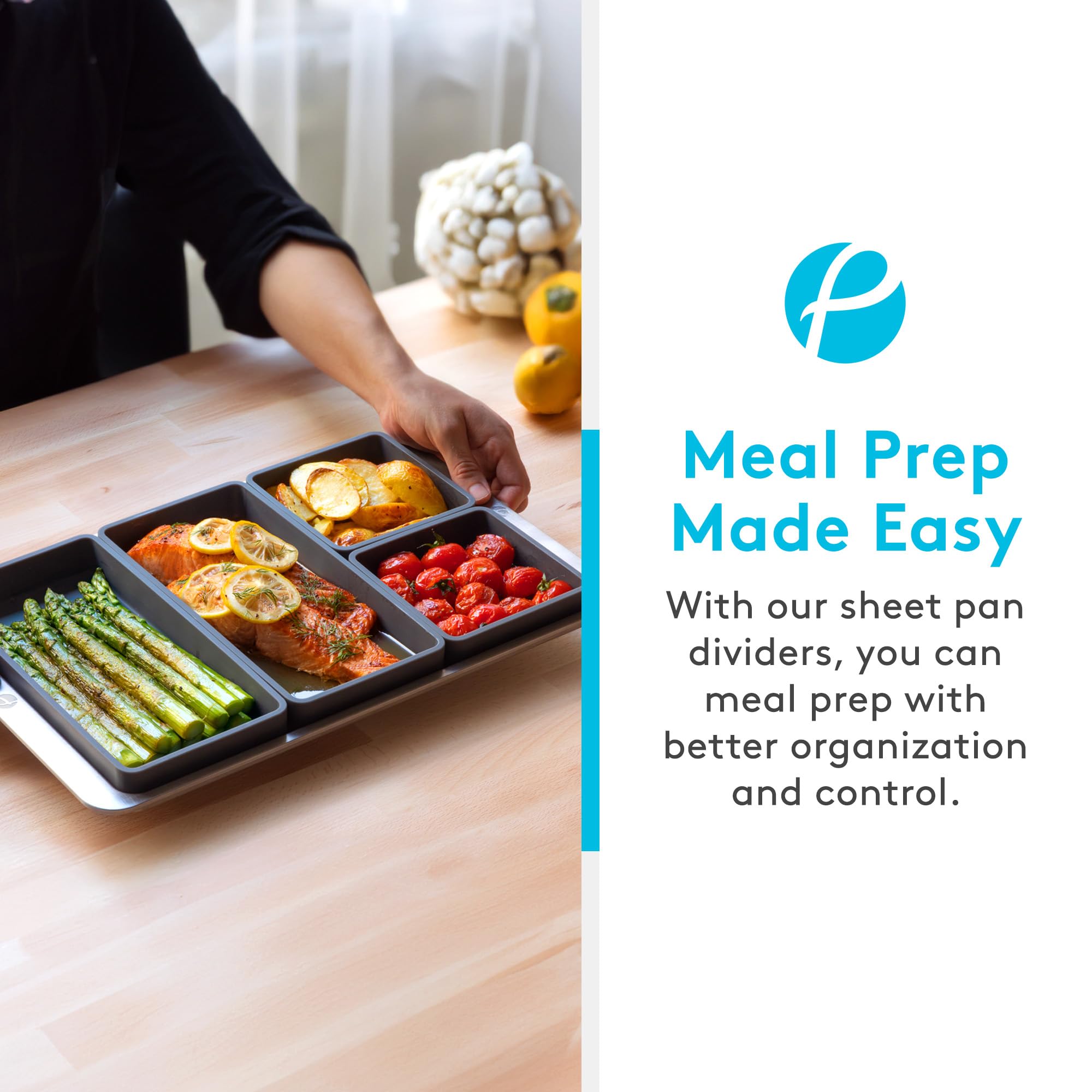 Prepd Cheat Sheets non-stick divider tray simplifies cleanup after roasting.