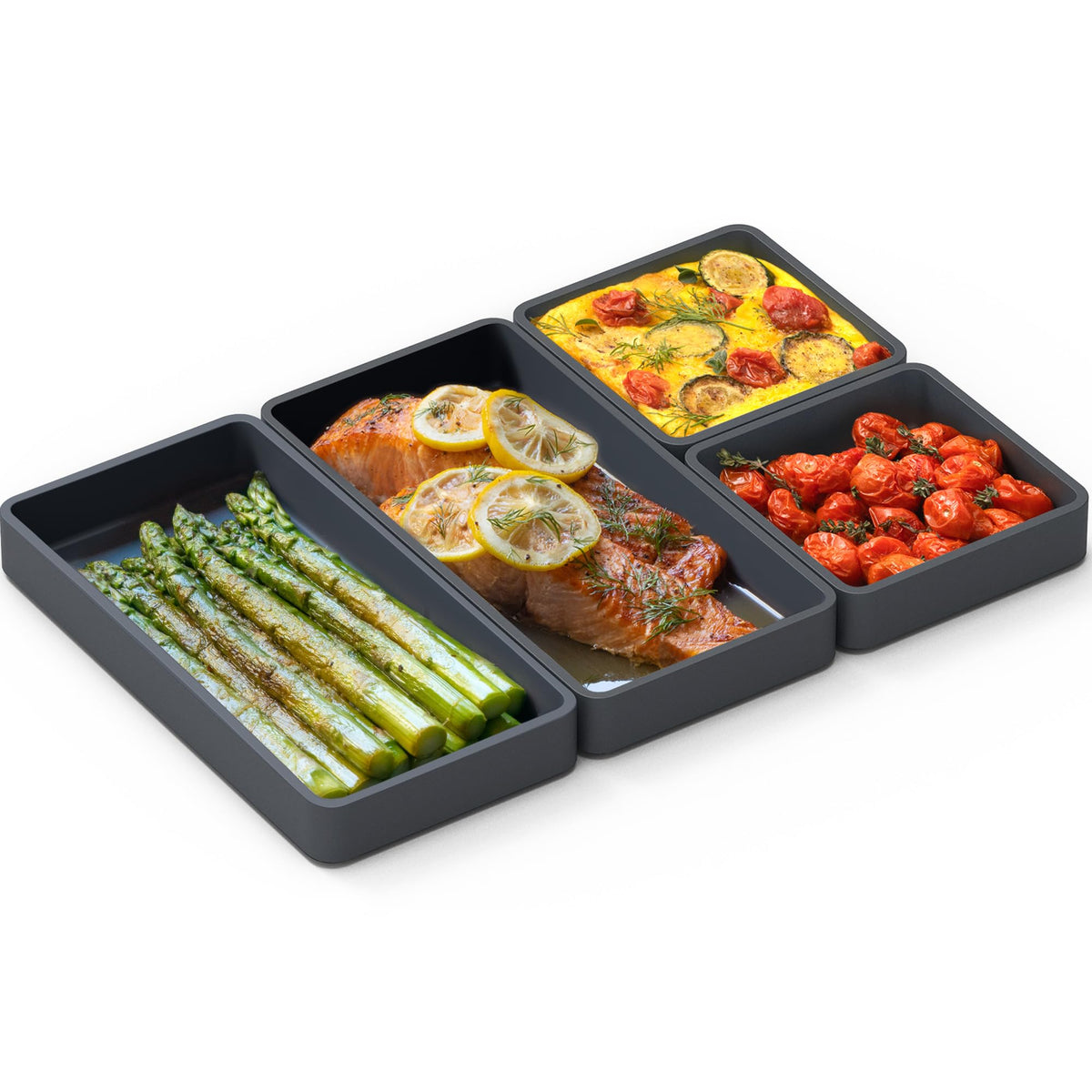 Prepd Cheat Sheets original dividers on a pan for organized multi-dish meal prep.