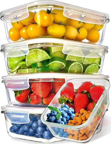 Prep Naturals 36oz square glass container with lid on, ideal for fresh meal prep and leakproof storage.