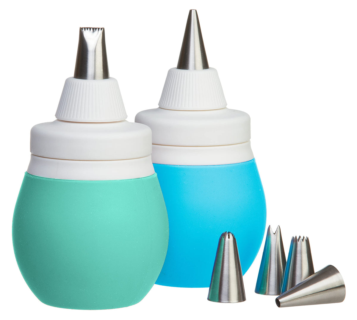 Prepworks frosting bulbs set with blue bulbs and six piping tips for decorating cookies and cakes.
