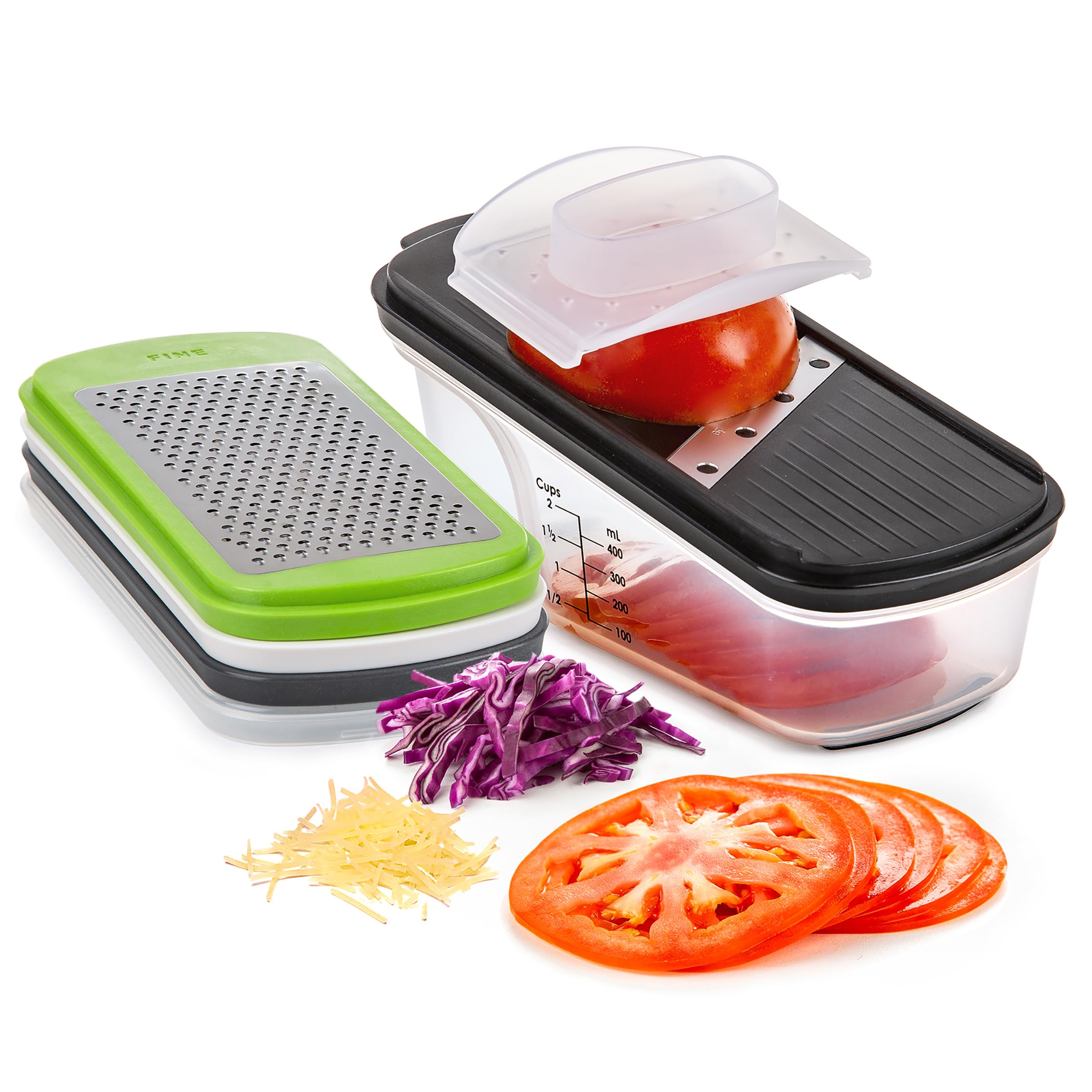 PrepWorks Grate, Slice & Store Set coarse grater for quick shredding with a safety hand guard.
