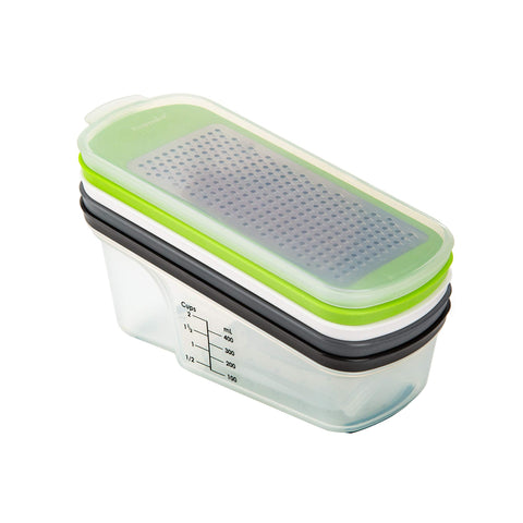 PrepWorks Grate, Slice & Store Set straight slicer for even, clean slices.