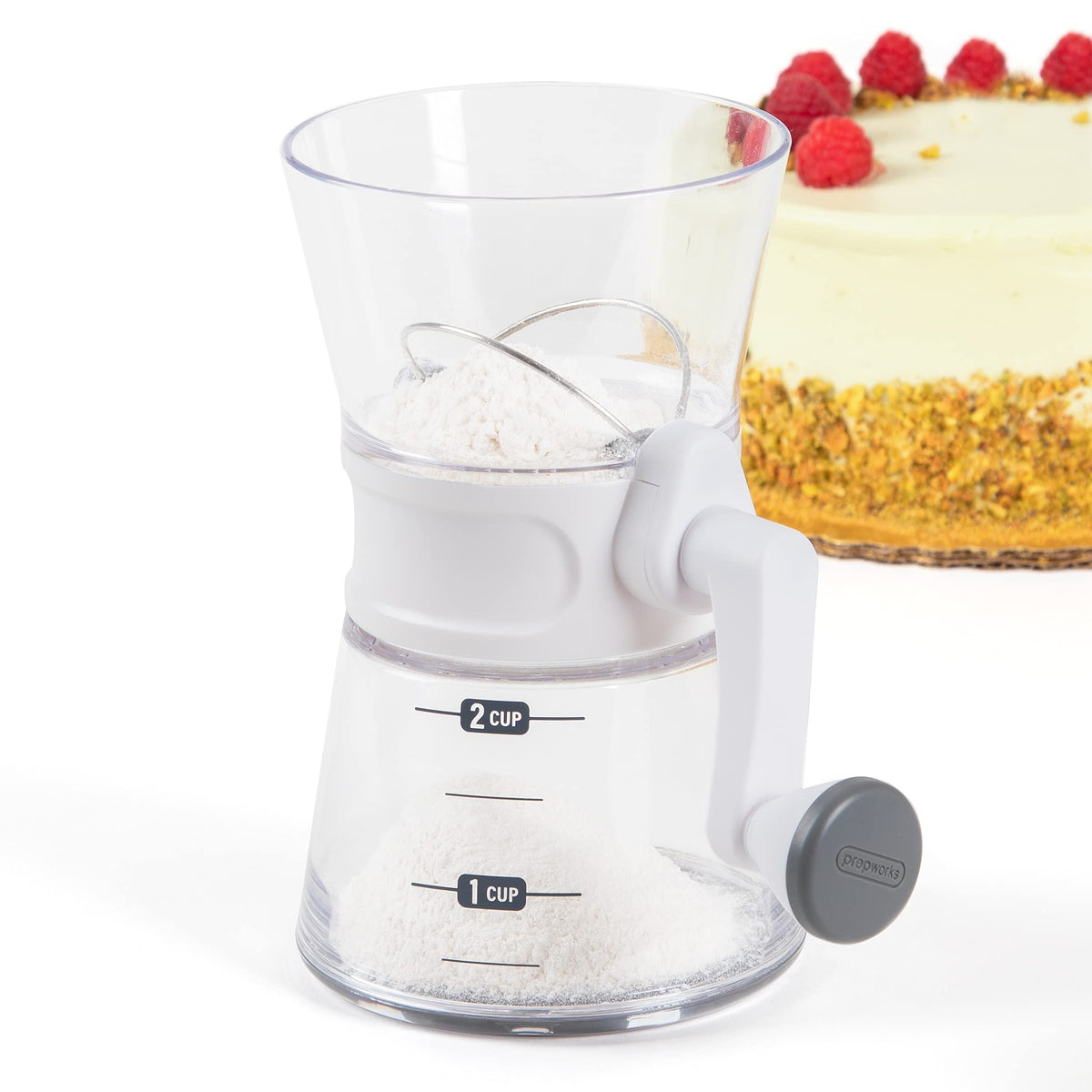 PrepWorks Quick Sifter with hand crank for fast flour sifting in baking
