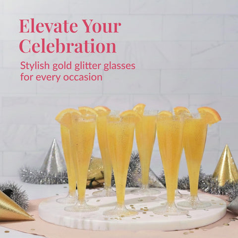 Prestee 100-count gold champagne glasses showcase durability for weddings and parties.