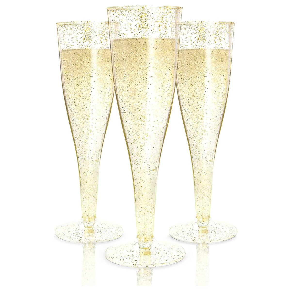 Prestee 100 gold plastic champagne flutes with glitter detail for elegant toasts.