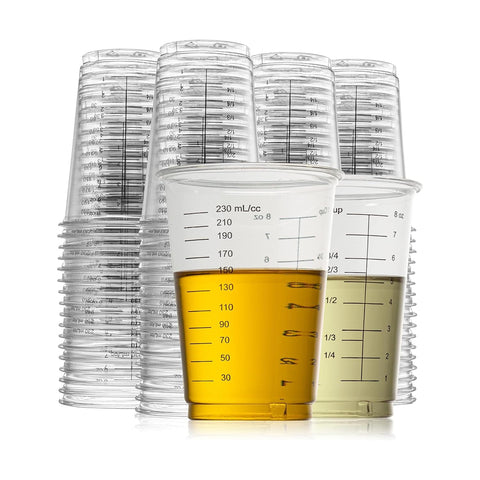 Prestee 50 disposable 8 oz measuring cups for quick, clean mixing.