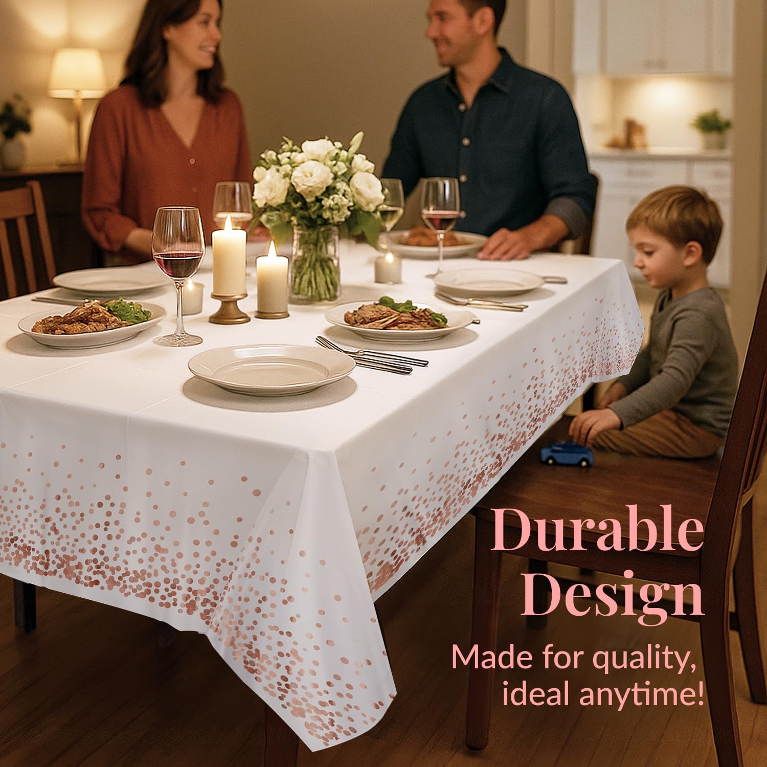 Prestee pink-gold disposable tablecloth ready for a party cleanup