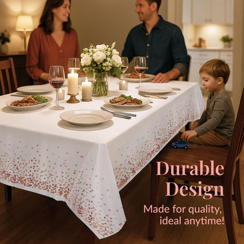 Prestee pink-gold disposable tablecloth ready for a party cleanup