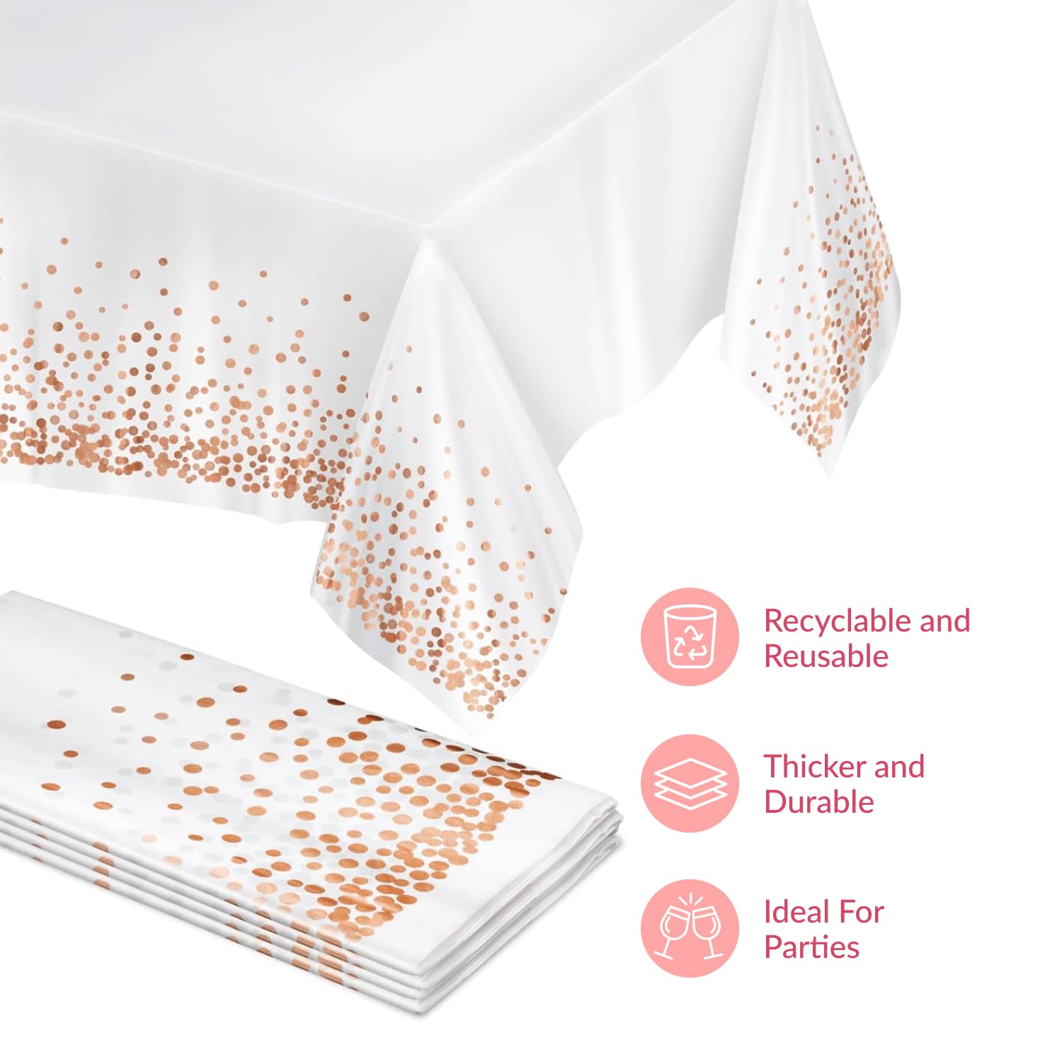 Close-up of Prestee rose gold tablecloth showing glossy shimmer finish