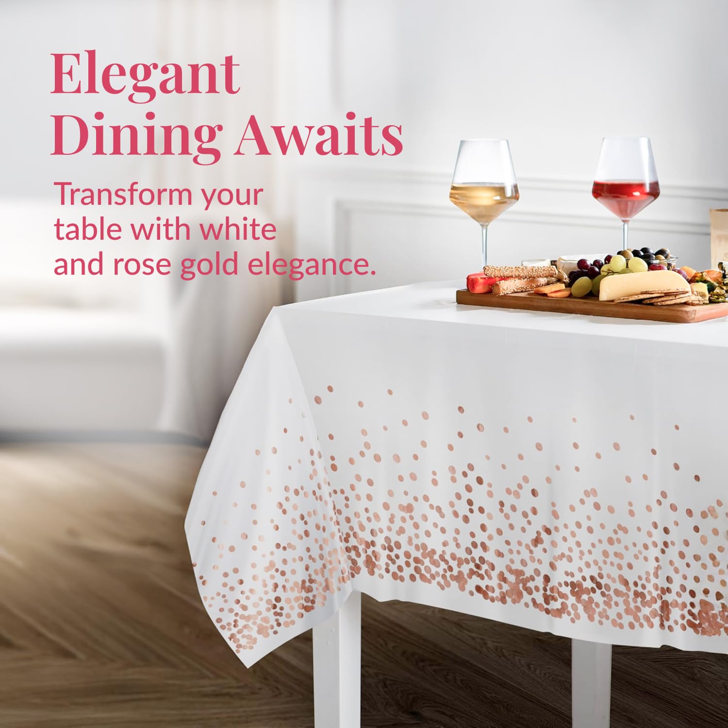 Prestee rose gold tablecloth at a wedding dining setup with pink and gold tones