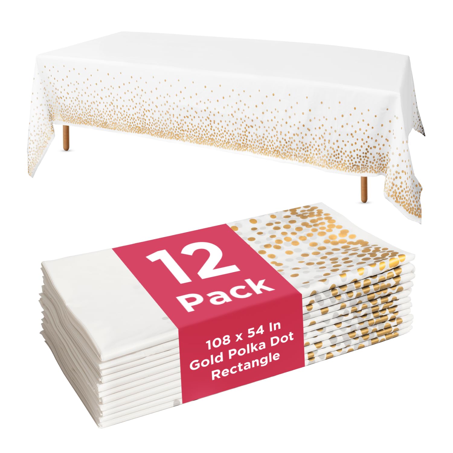 Prestee white and gold polka dot tablecloth for 54x108 inch tables, ideal for weddings.