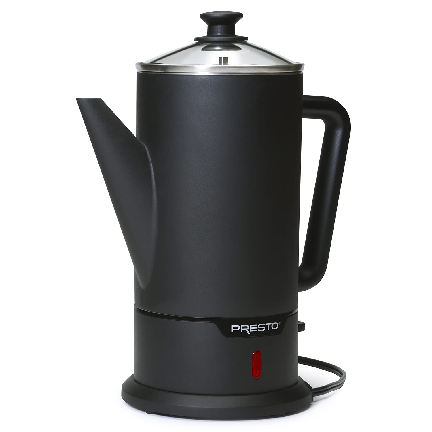 Presto 02815 cordless coffee percolator in matte black ready for fast, flavorful brews.