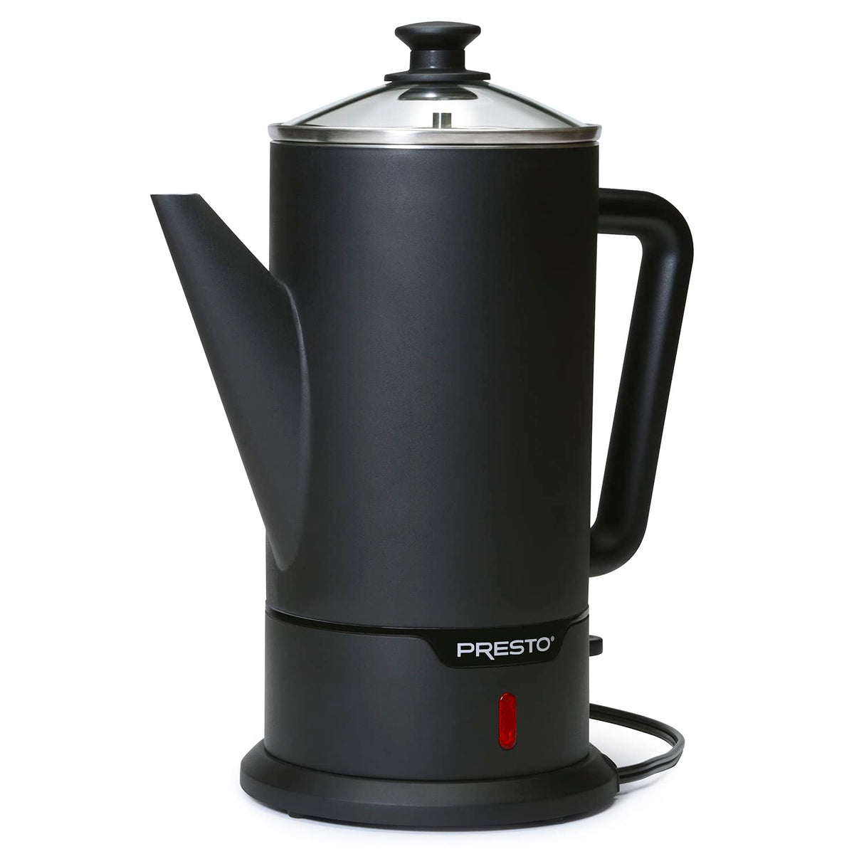 Presto 02815 cordless coffee percolator in matte black ready for fast, flavorful brews.