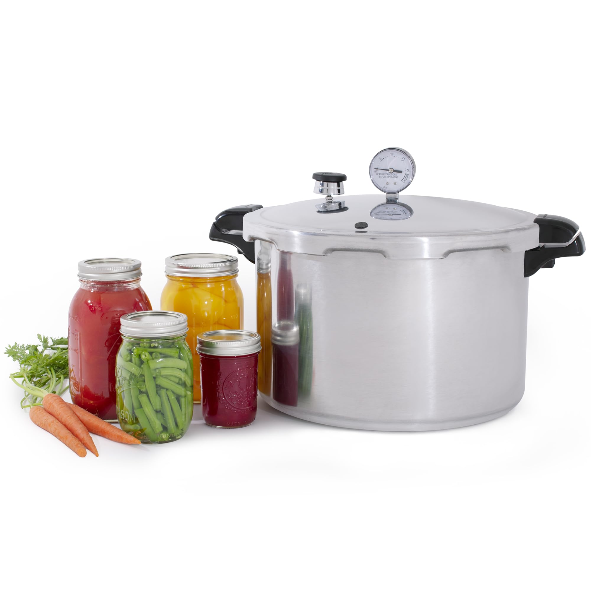 Includes 80-page recipe book for canning and pressure cooking.