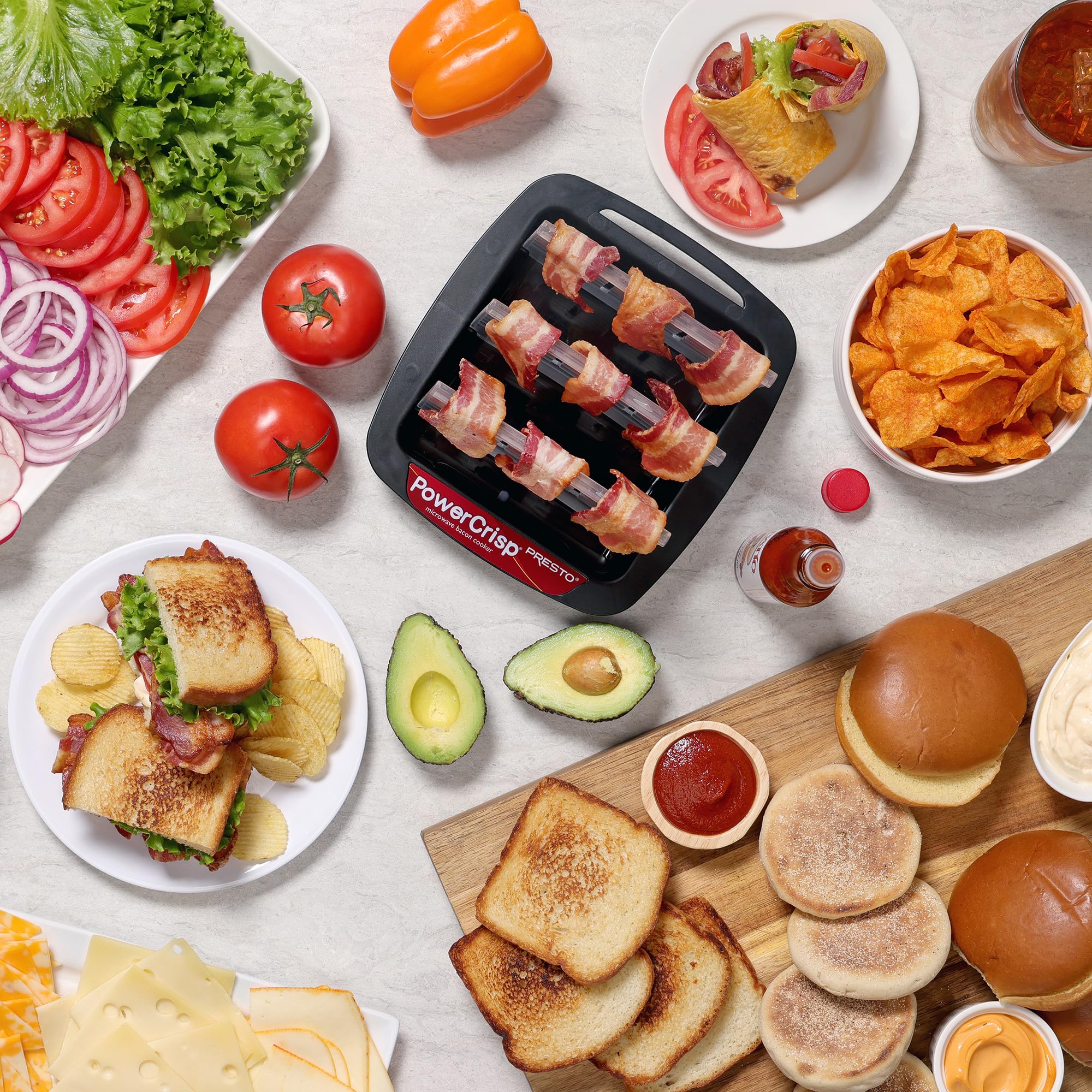 Presto bacon cooker design highlights deep base and rack system.