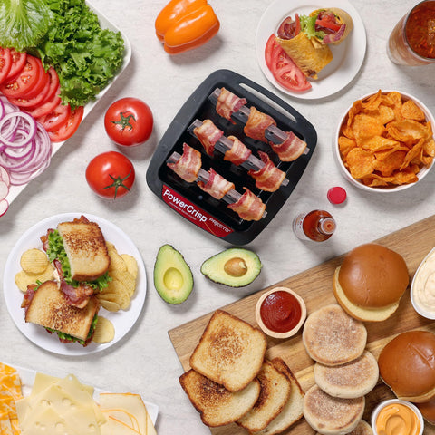 Presto bacon cooker design highlights deep base and rack system.