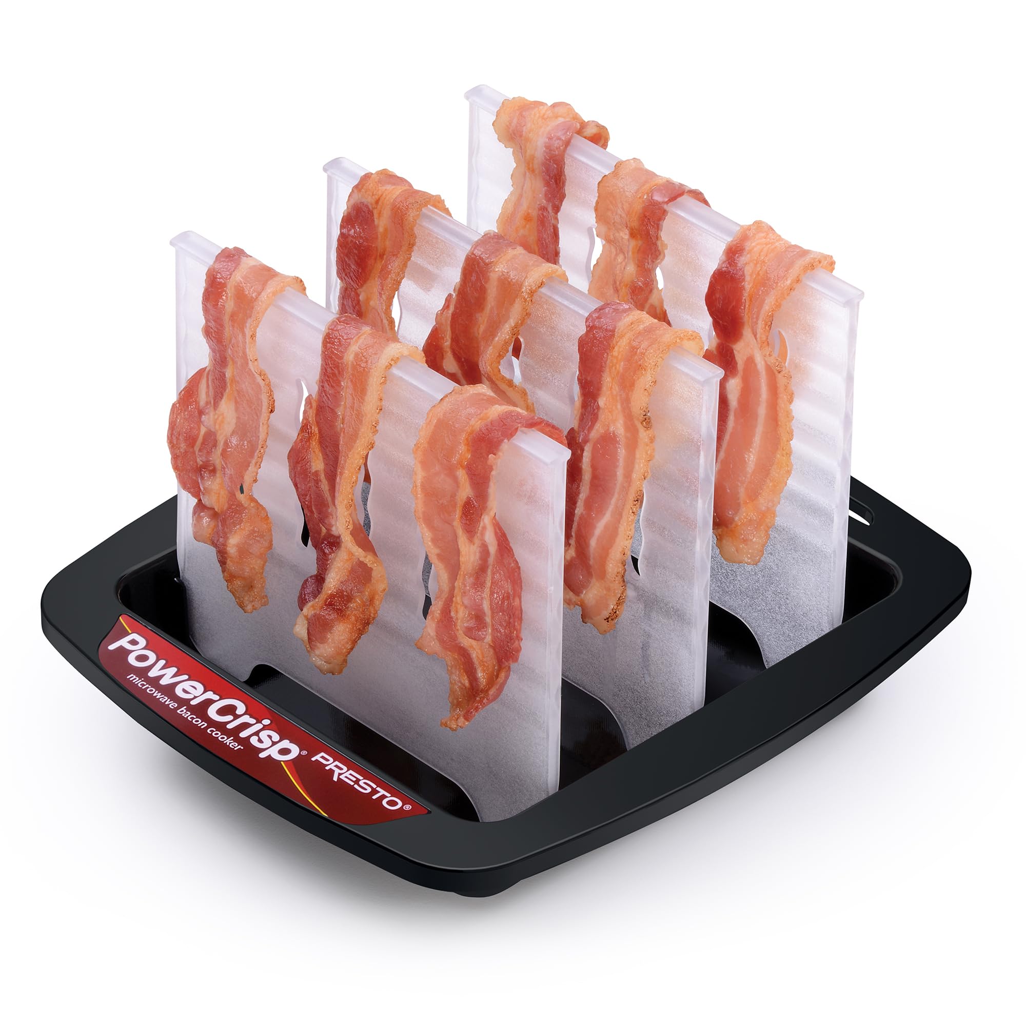 Presto bacon cooker tray with bacon for mess-free microwave cooking.