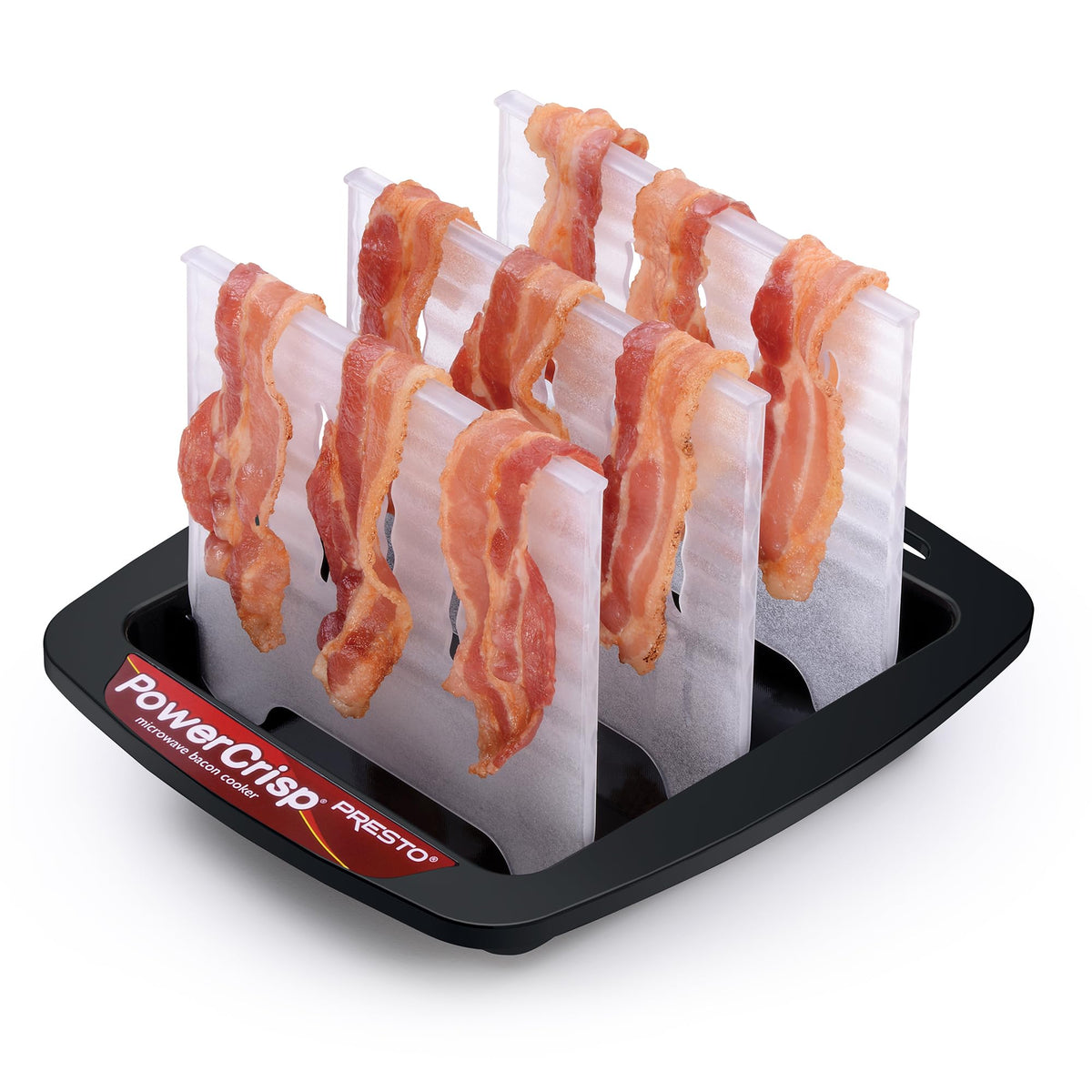 Presto bacon cooker tray with bacon for mess-free microwave cooking.