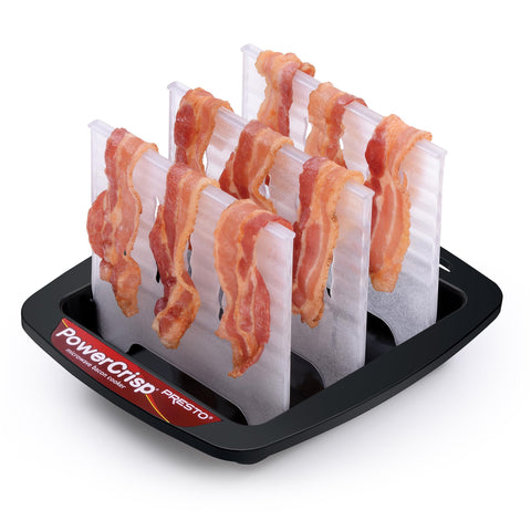 Presto bacon cooker tray with bacon for mess-free microwave cooking.