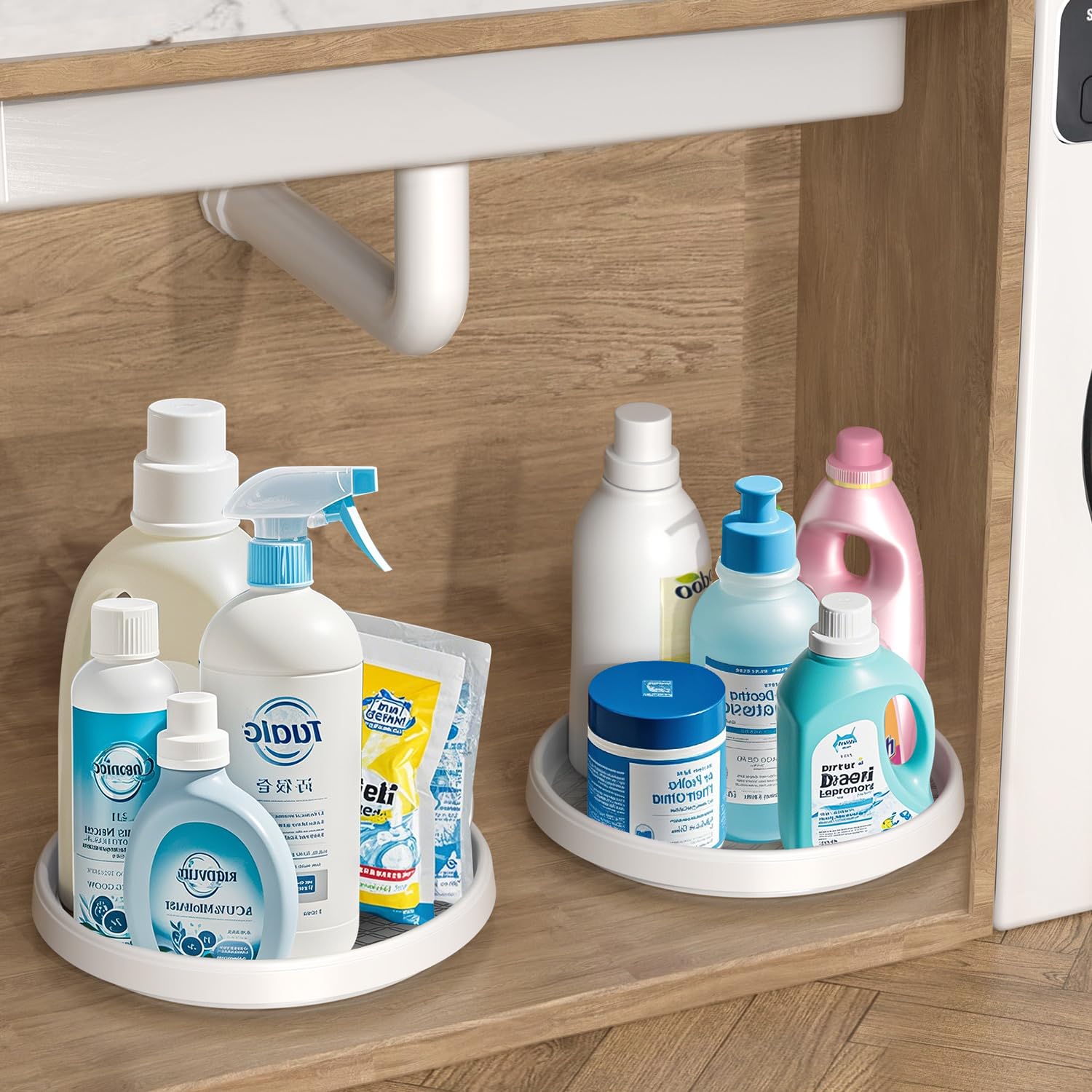 Pretireno 10-inch Lazy Susan for can storage on pantry shelf.