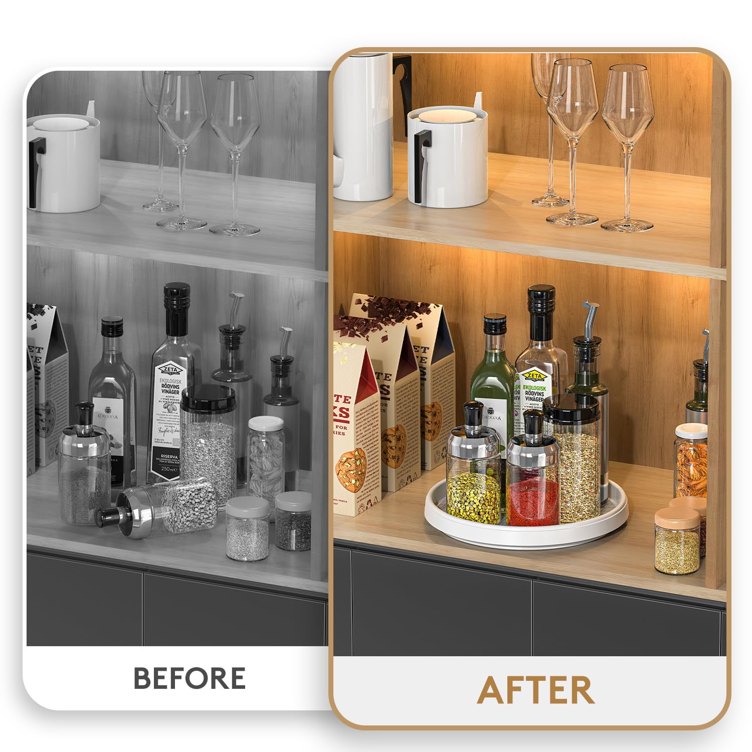 Pretireno 10-inch Lazy Susan in fridge for organized ingredients.