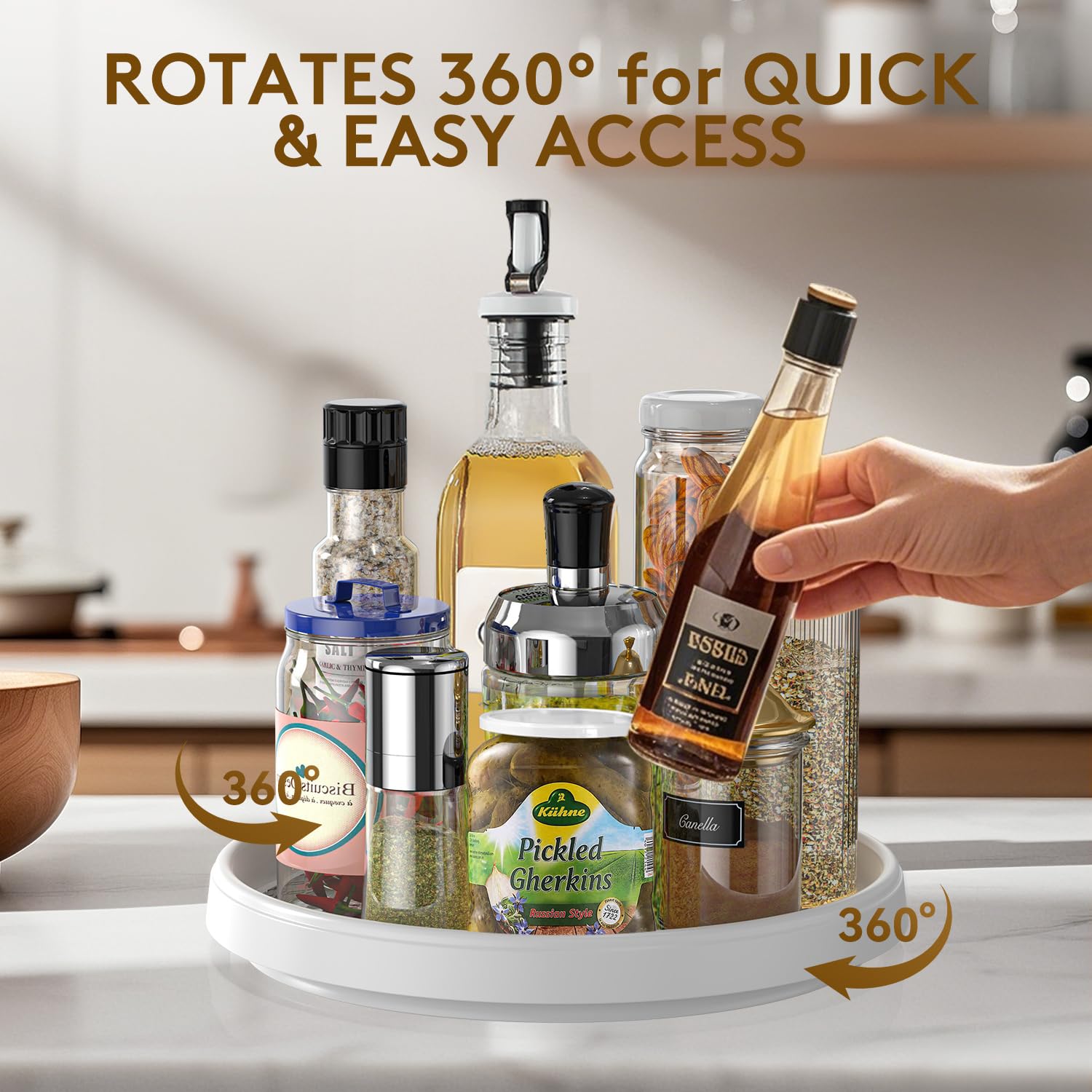 Pretireno Lazy Susan 10-inch pantry organizer keeps cans neatly accessible.