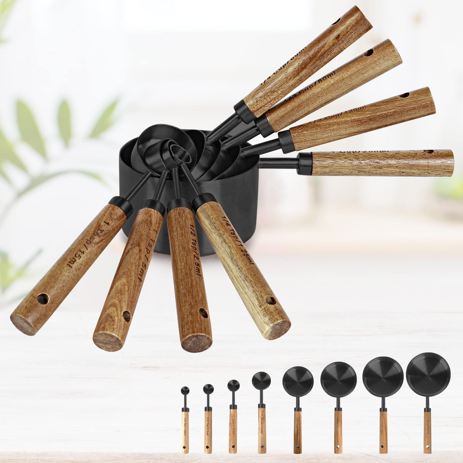 PrettyFine black measuring cups with golden wood handles for stylish, accurate prep.