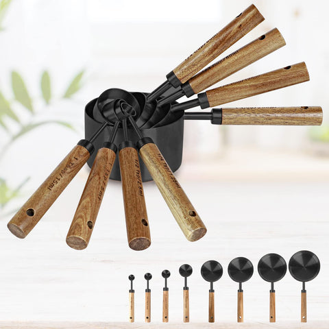 PrettyFine black measuring cups with golden wood handles for stylish, accurate prep.