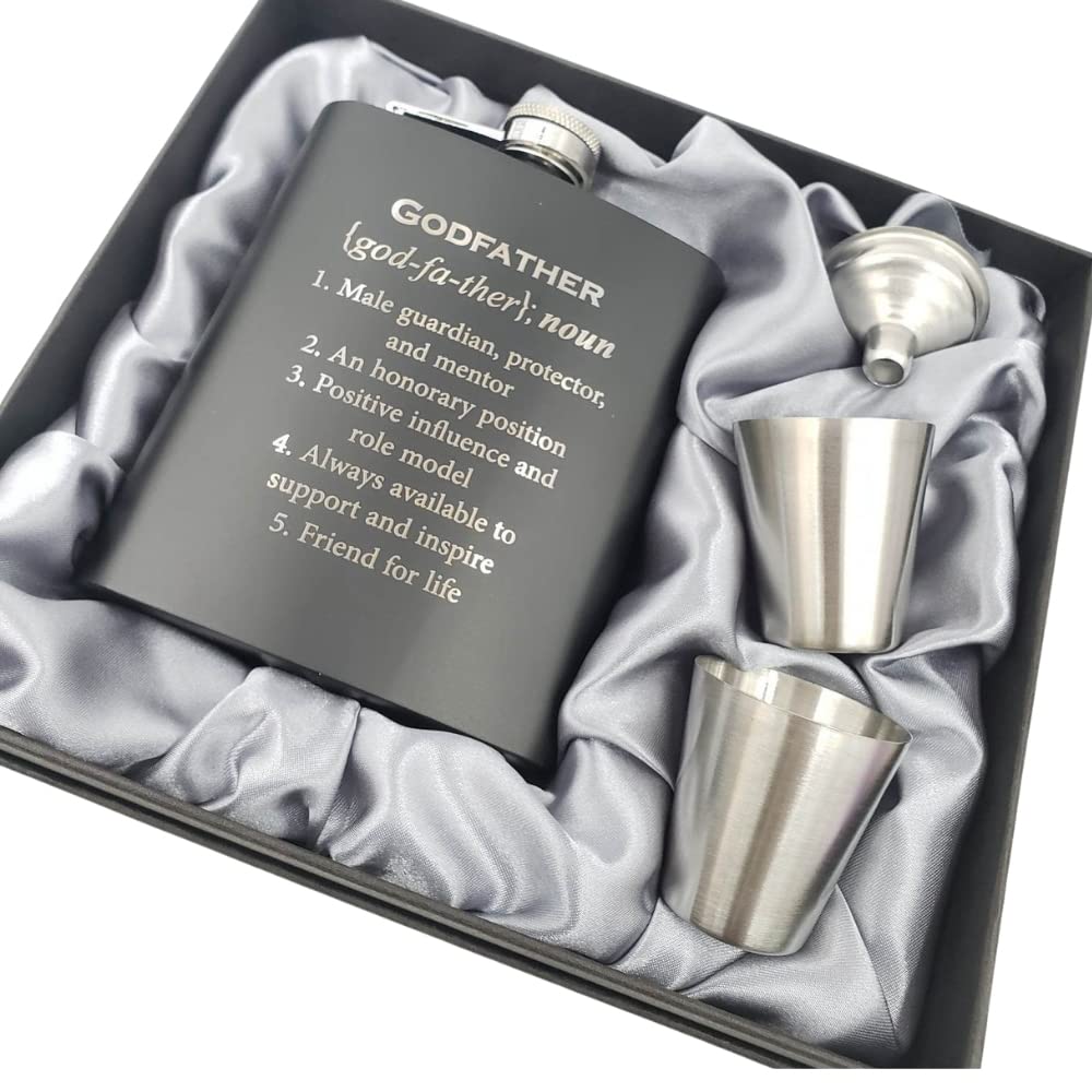 Pretty Inappropriate godfather flask in black coating with satin-lined gift box, ideal for baptisms.