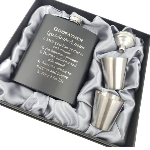 Pretty Inappropriate godfather flask in black coating with satin-lined gift box, ideal for baptisms.