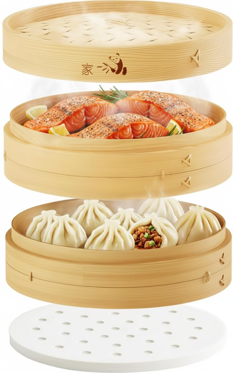 Prime Home Direct 10in bamboo steamer top view showing tiered design for even cooking