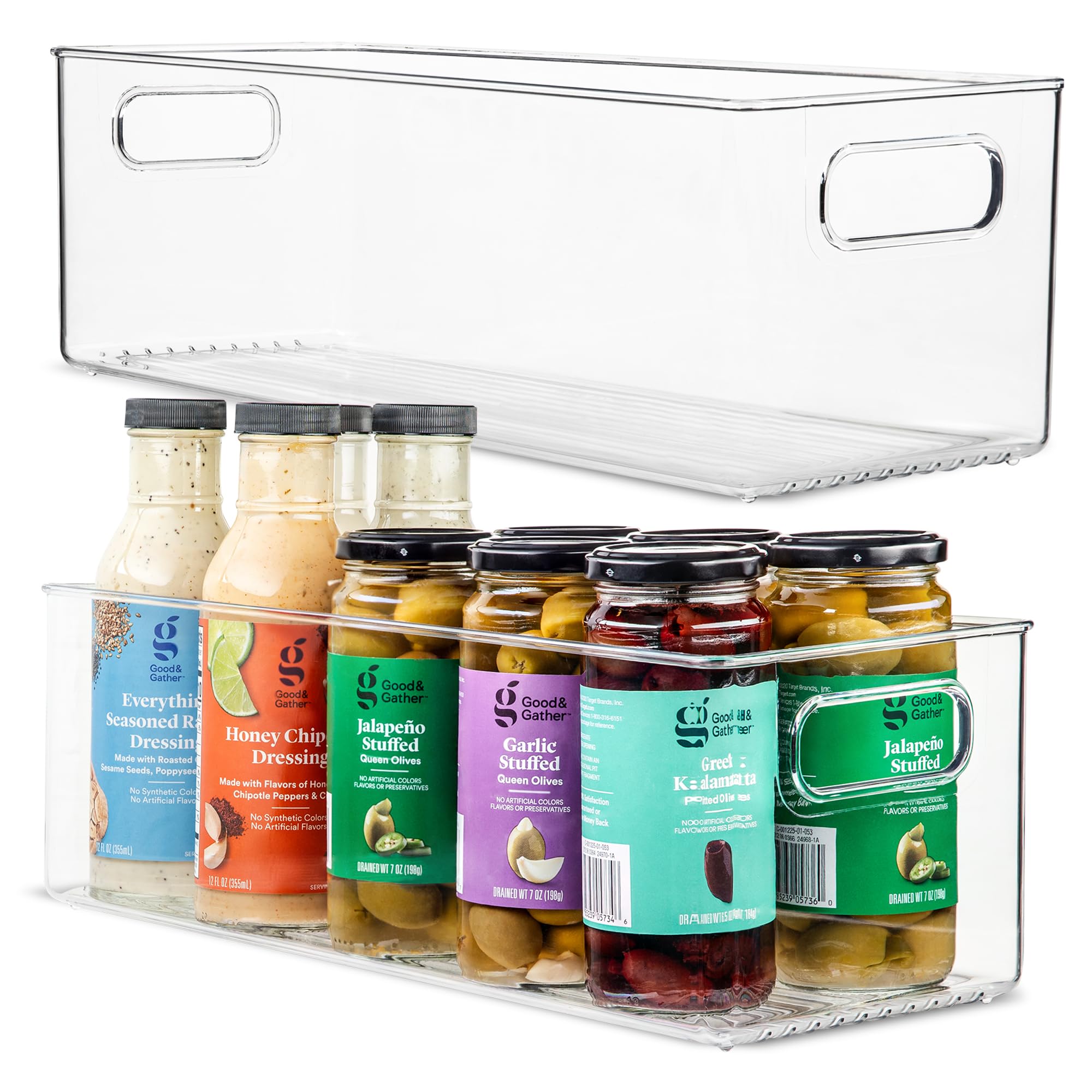 PrimeBox clear bin with handles, two-pack, for quick access and organized storage.