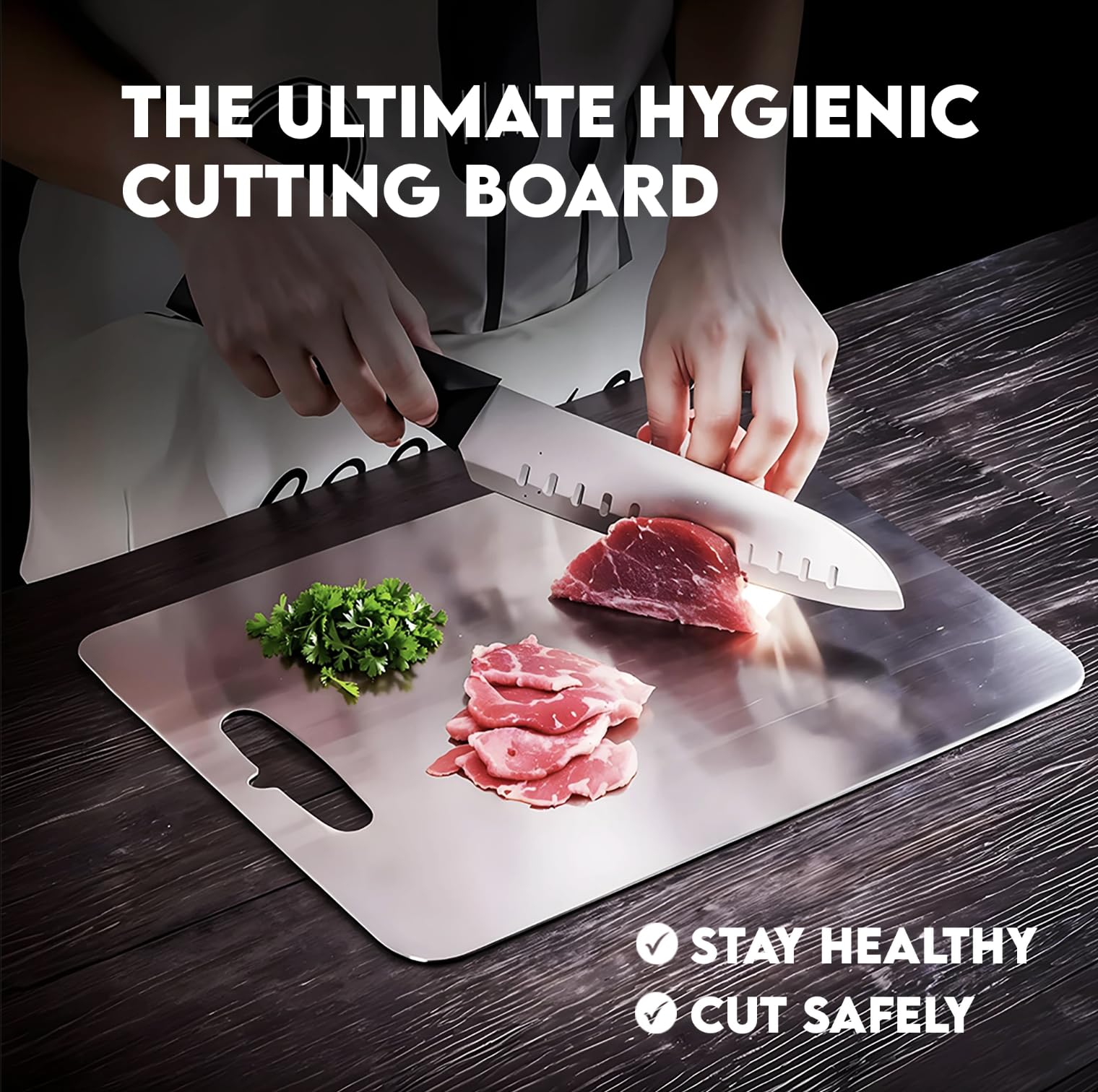 PrimeCutKitchen titanium board hanging slot shown for easy storage