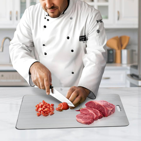 PrimeCutKitchen titanium cutting board set used in a real kitchen scenario