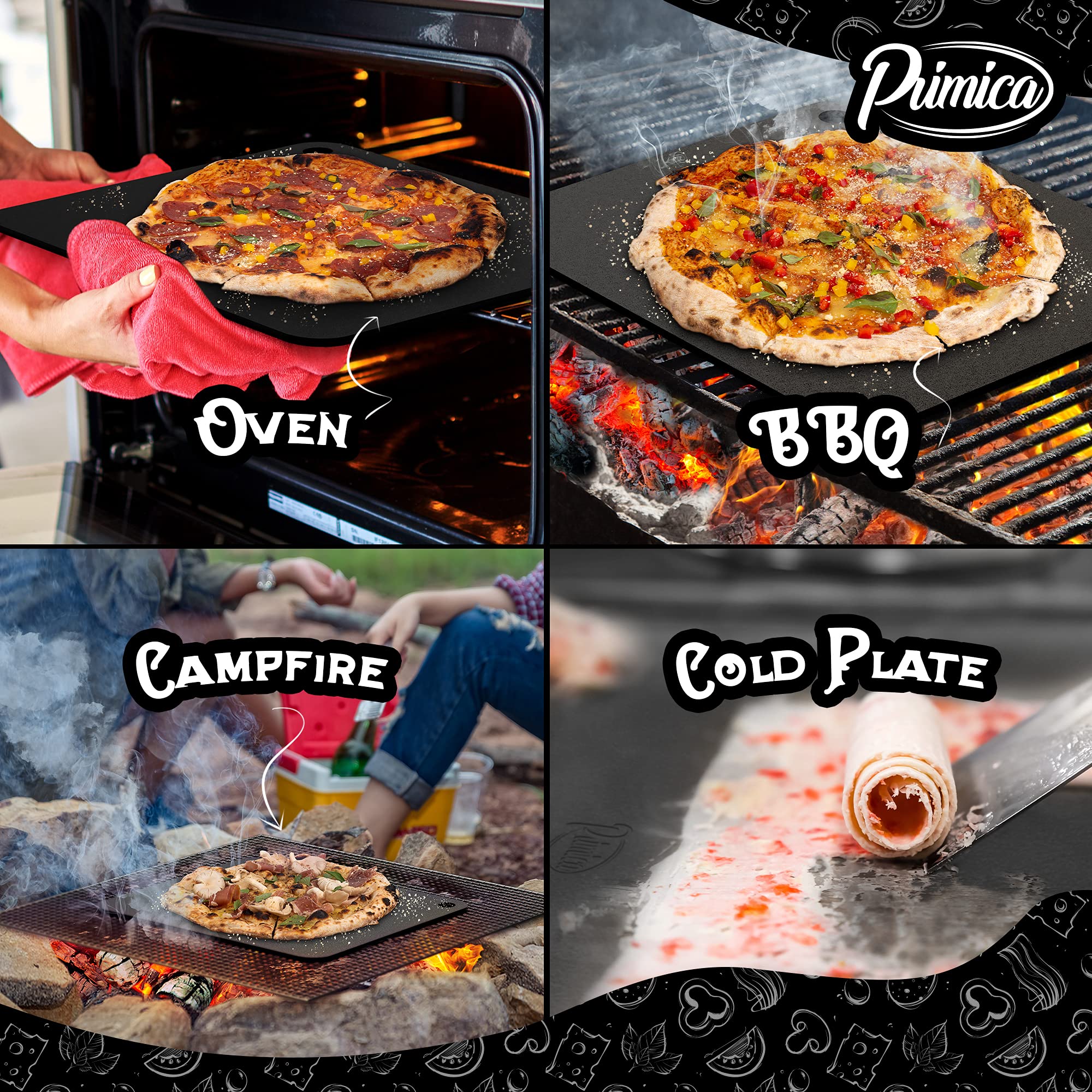 Primica Pizza Steel XL on grill for fast, even cooking.