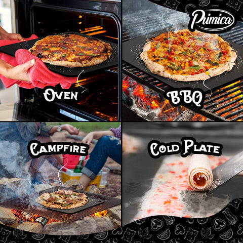 Primica Pizza Steel XL on grill for fast, even cooking.