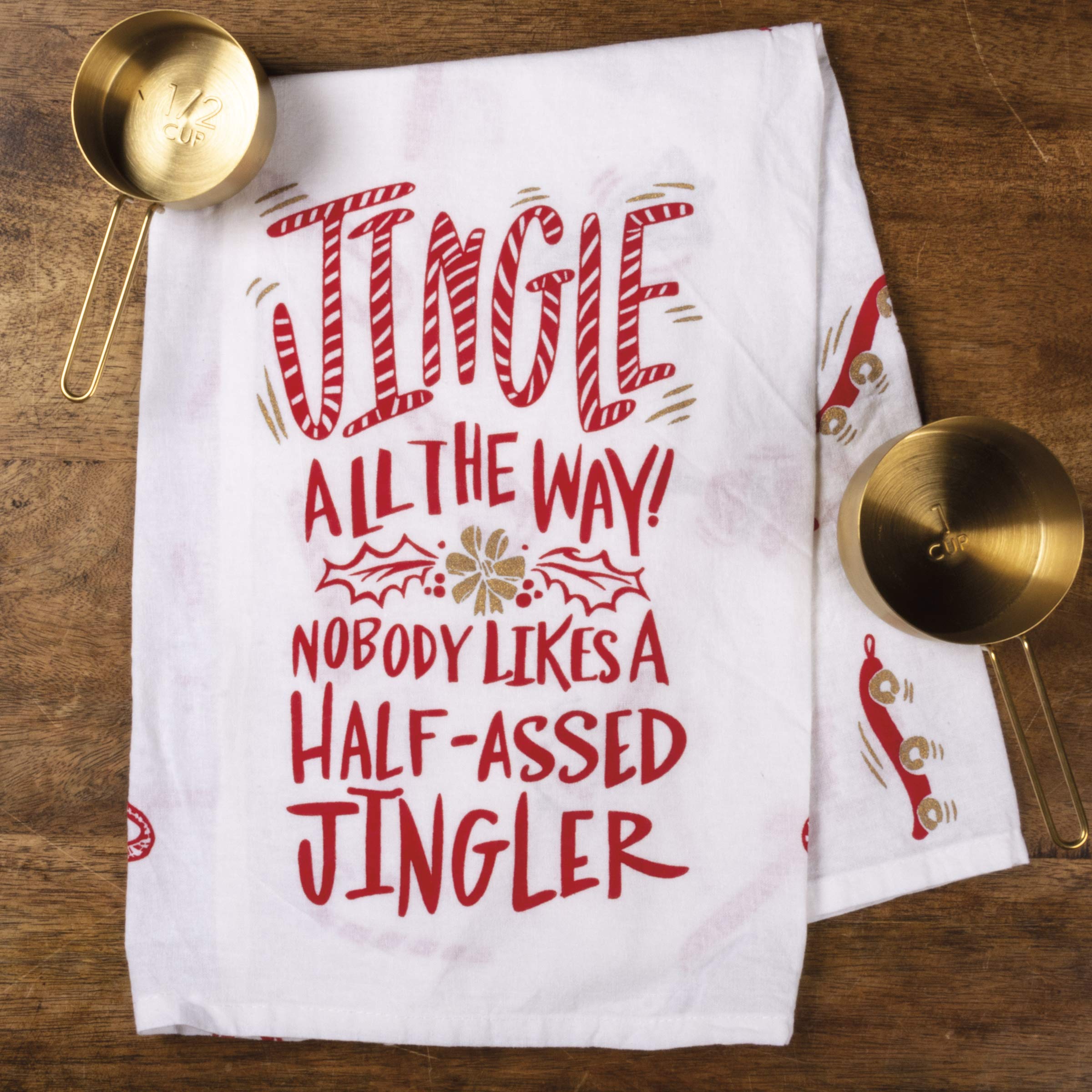 Primitives by Kathy dish towel showing candy canes and metallic accents for holiday flair.