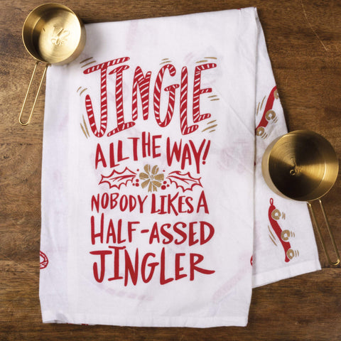 Primitives by Kathy dish towel showing candy canes and metallic accents for holiday flair.