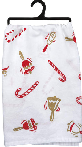 Primitives by Kathy dish towel with Jingle All The Way sentiment and candy cane motif, festive design.