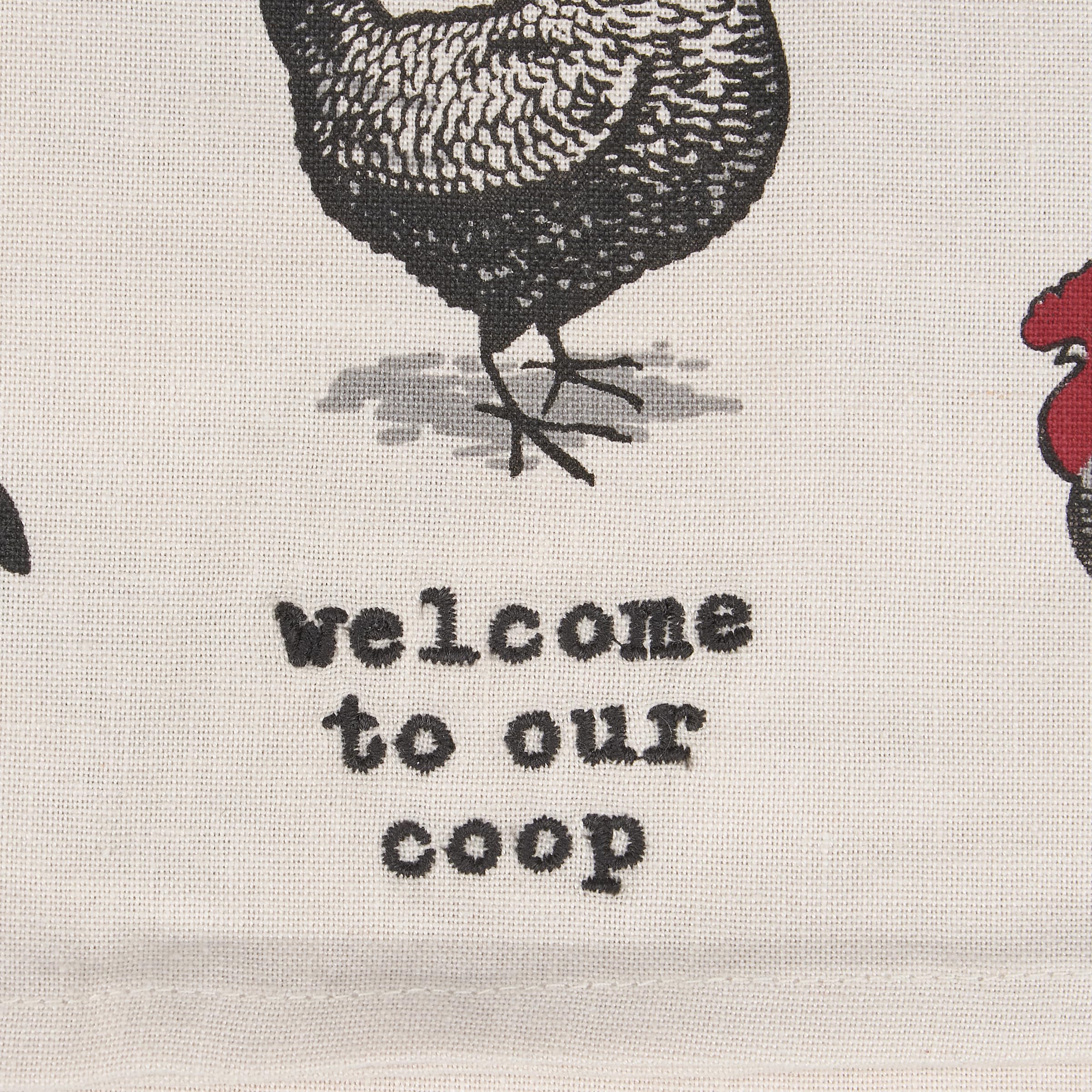 Welcome To Our Coop embroidered sentiment enhances homestead style on kitchen towel