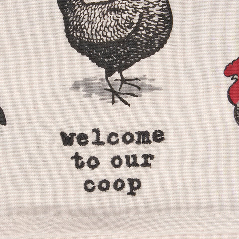 Welcome To Our Coop embroidered sentiment enhances homestead style on kitchen towel