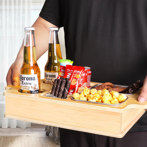 Primo Lines sofa caddy setup on a bed for convenient overnight snacking