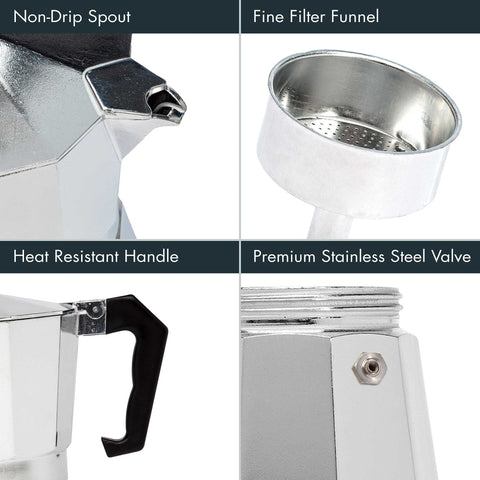 Primula stovetop espresso with flip-top lid for safe pouring