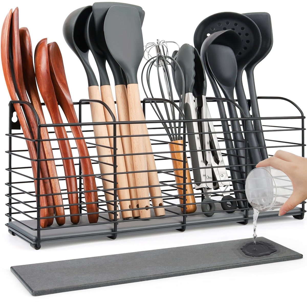 PrimZooty diatomaceous base keeps utensils dry on the counter.