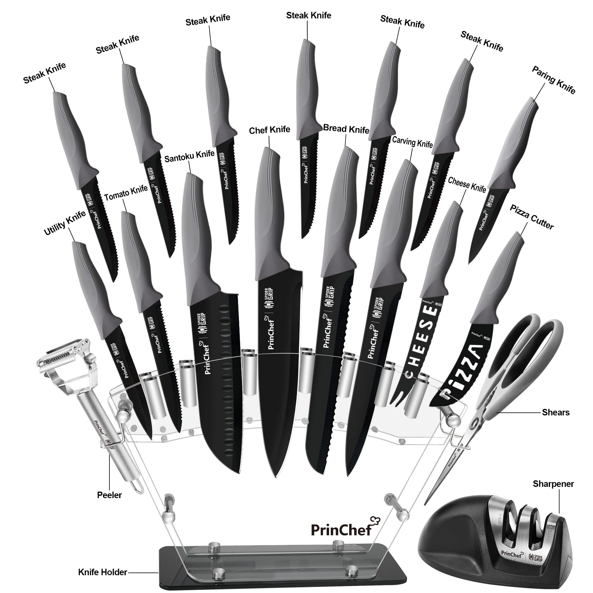 PrinChef stainless steel blades close-up, sharpness ready for precise slicing and clean cuts.