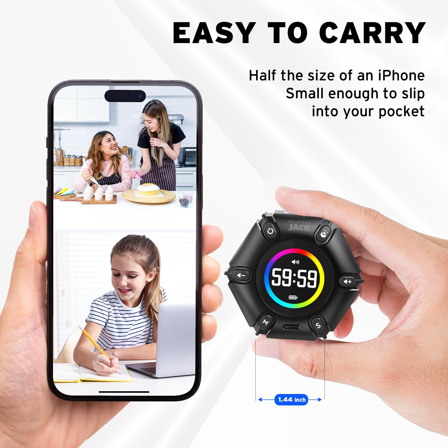 Printers Jack Pomodoro Timer with USB-C recharge for portable power