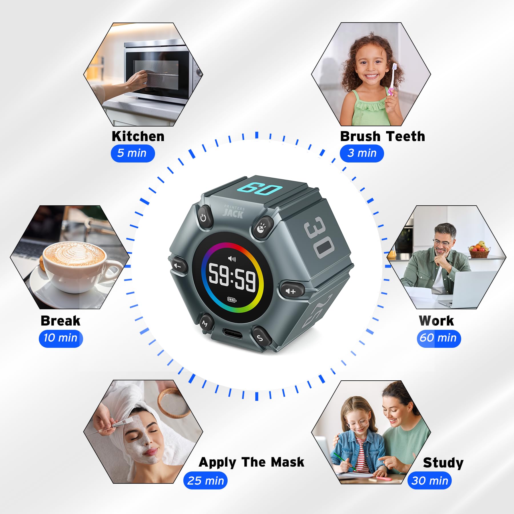 Printers Jack timer silent, vibration, and sound modes for alerts