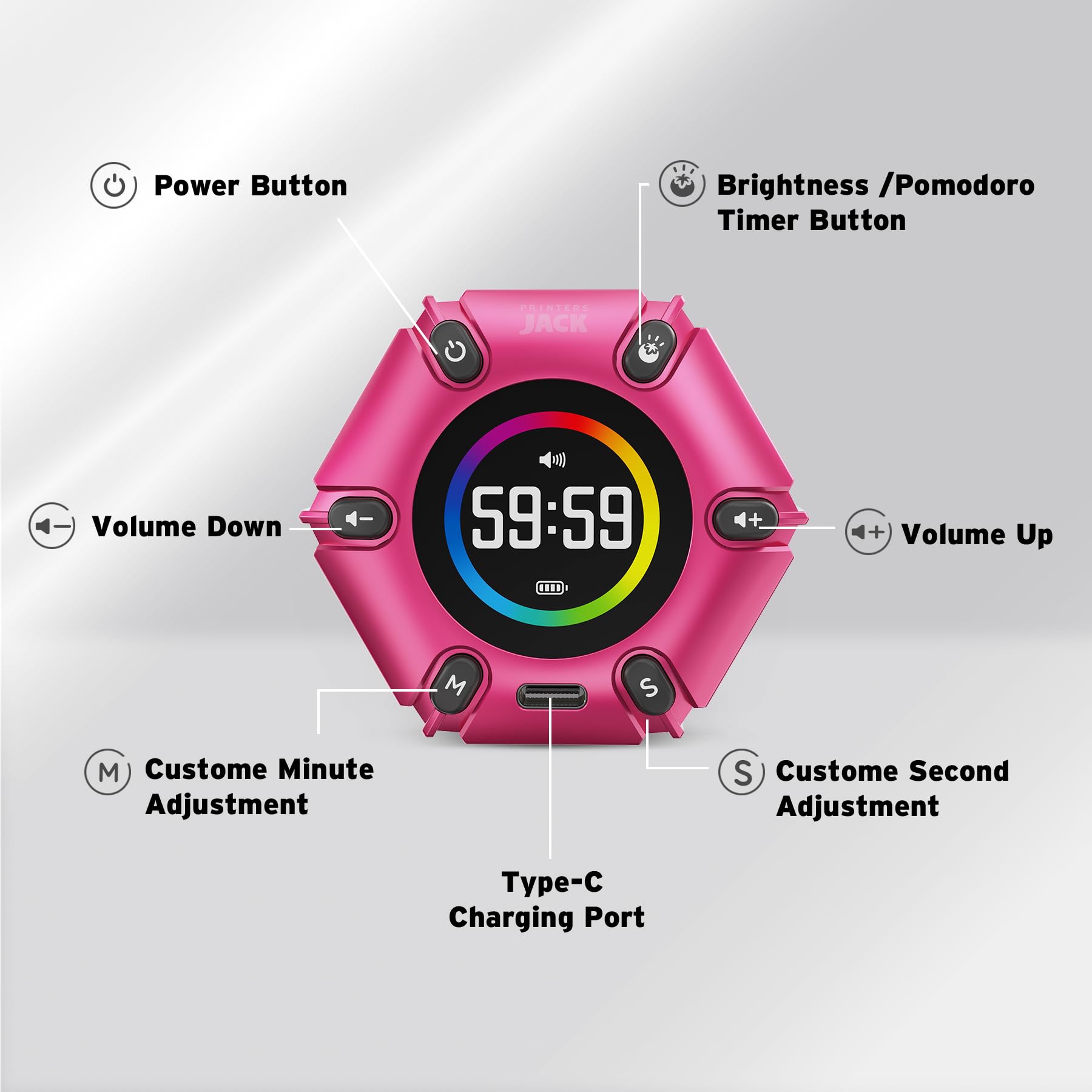 Printers Jack USB-C rechargeable timer in use with a full charge indicator